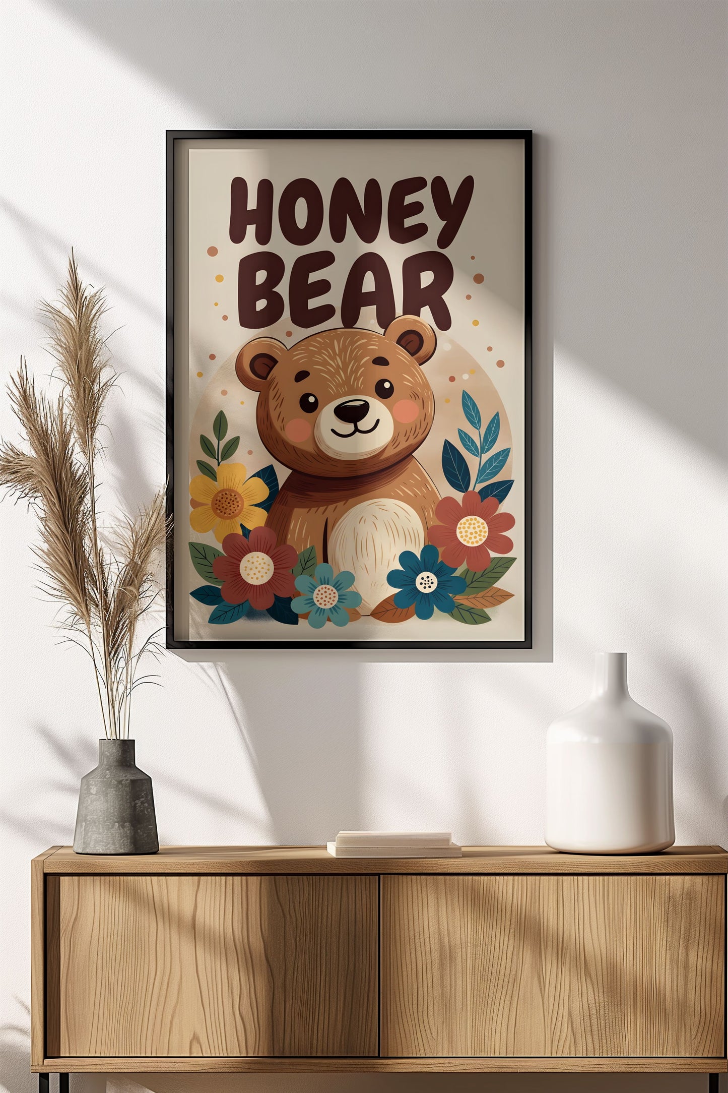 Honey Bear Cute Flowers - Retro Vintage Kids Poster