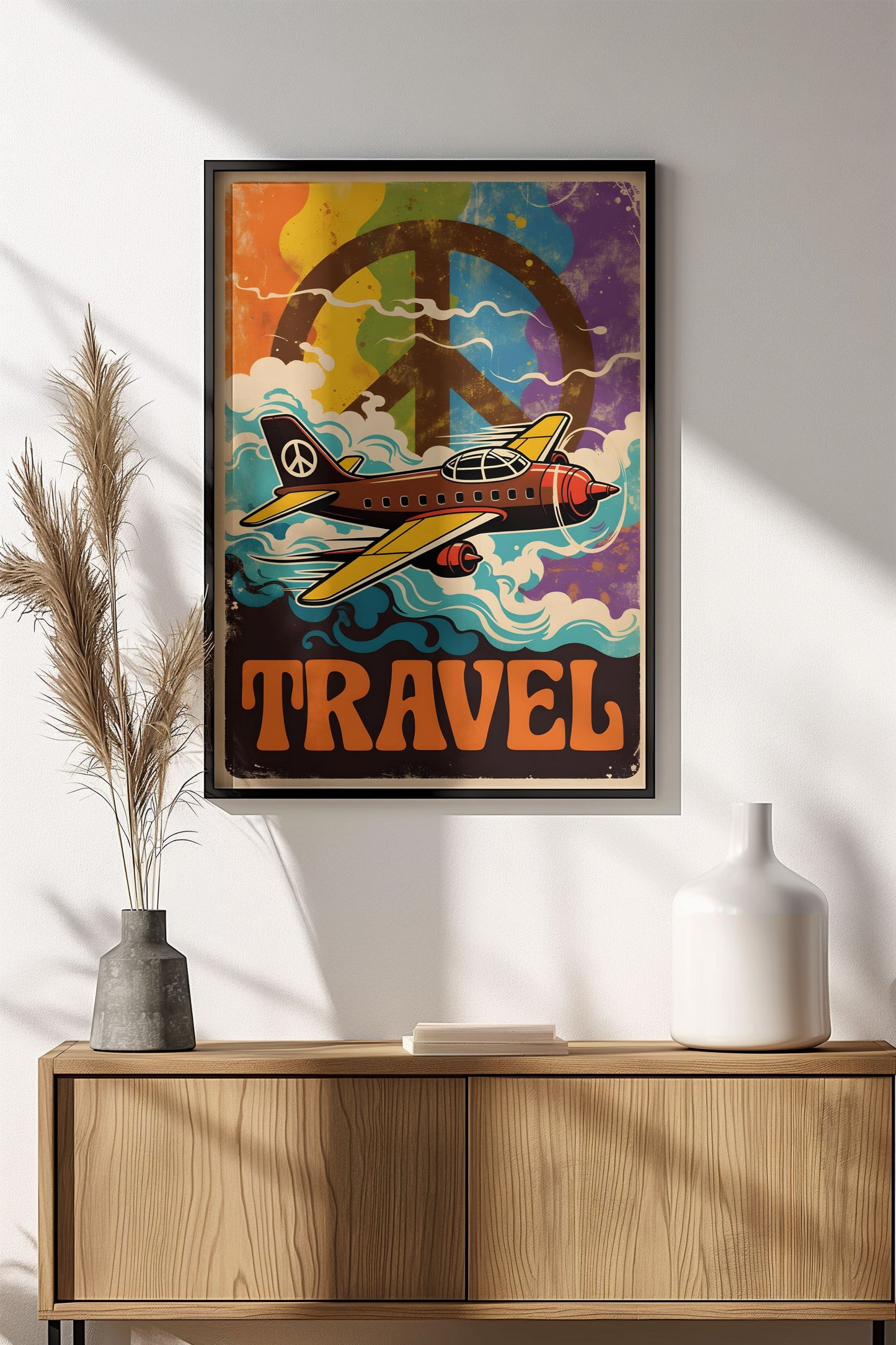 Peace Travel Poster – Retro Hippie Airplane Art