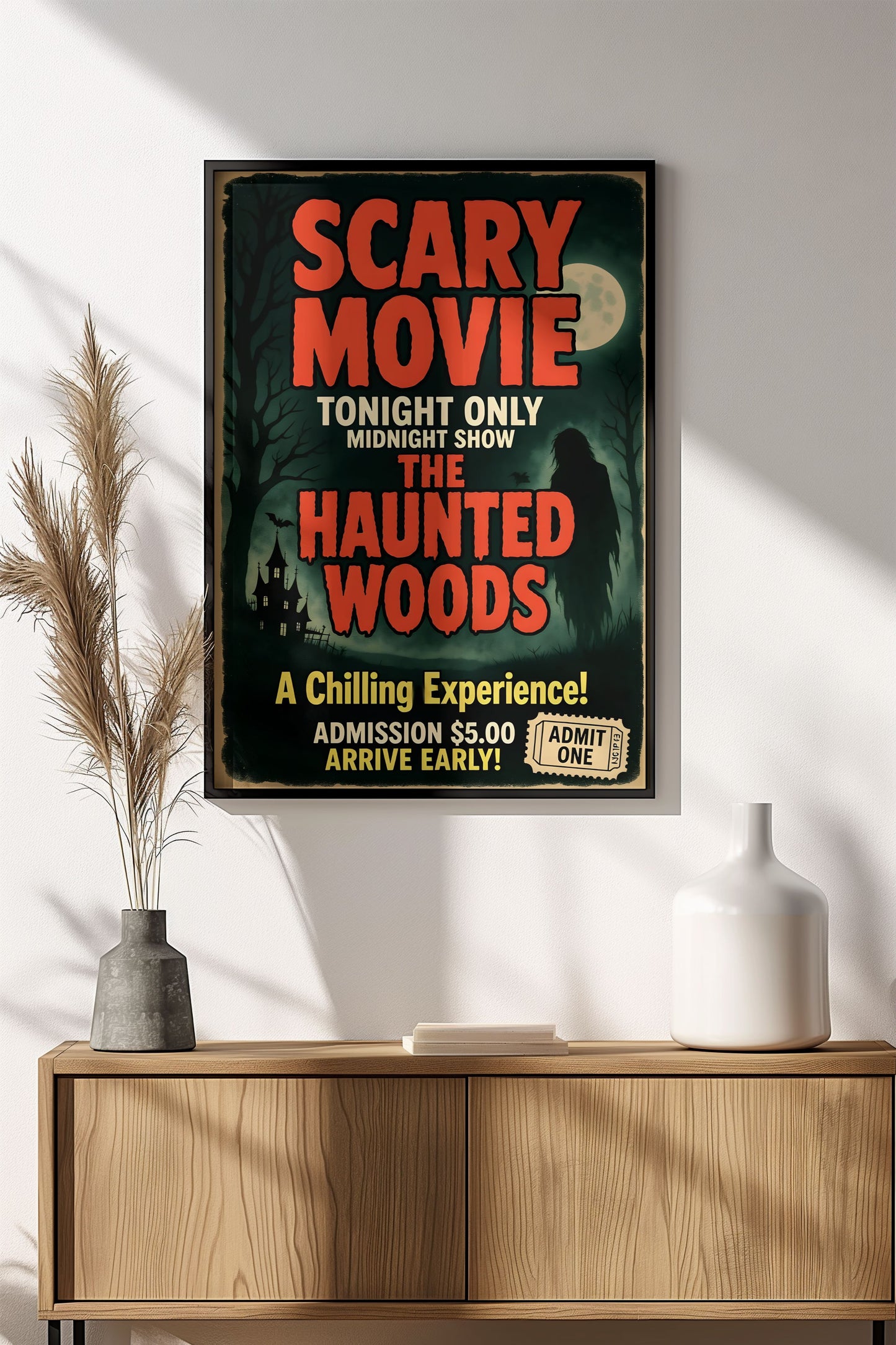 Scary Movie Midnight Show Poster – Retro Haunted Woods Horror Sign