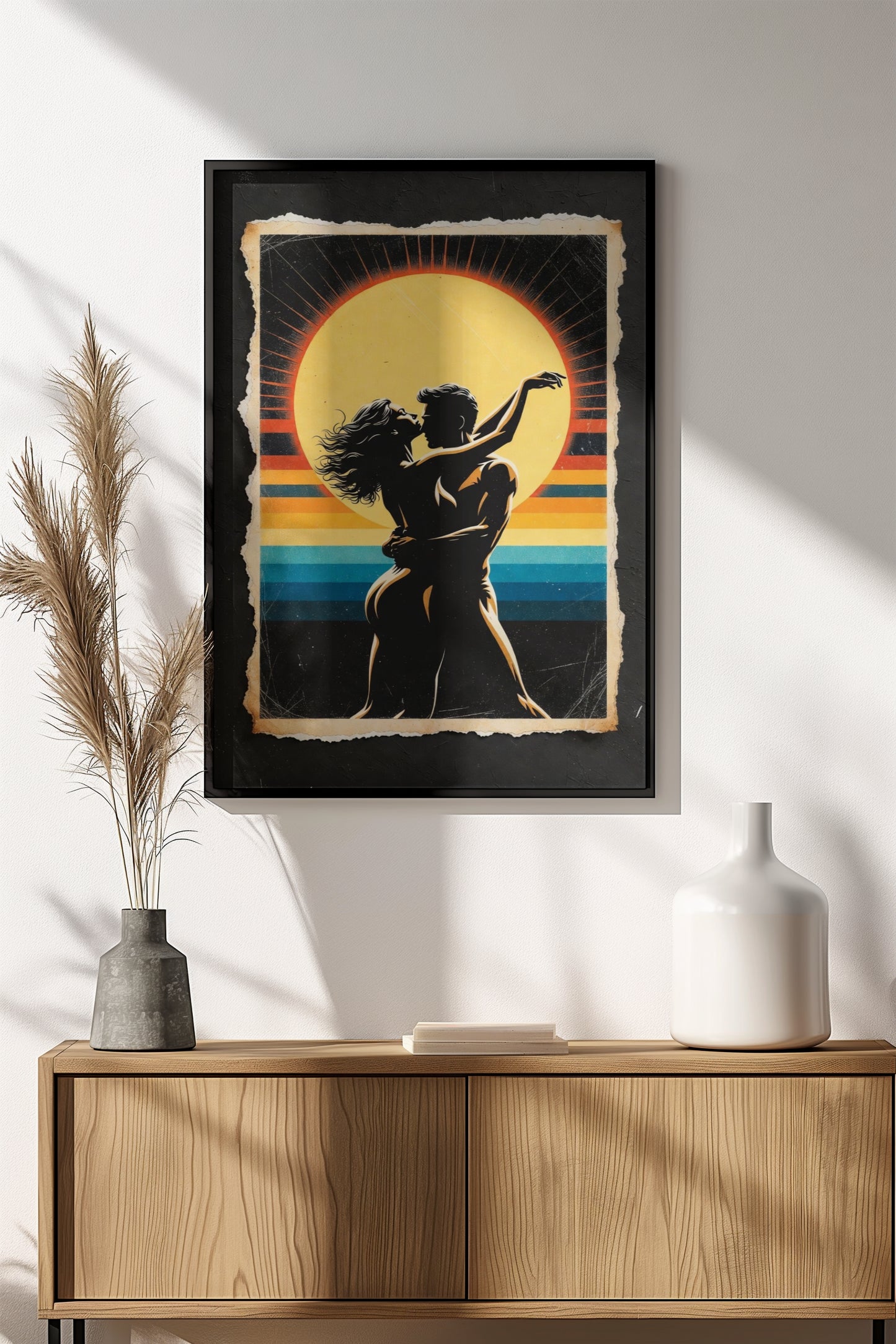 Sunset Lovers Embrace Poster – Retro Romantic Silhouette Art