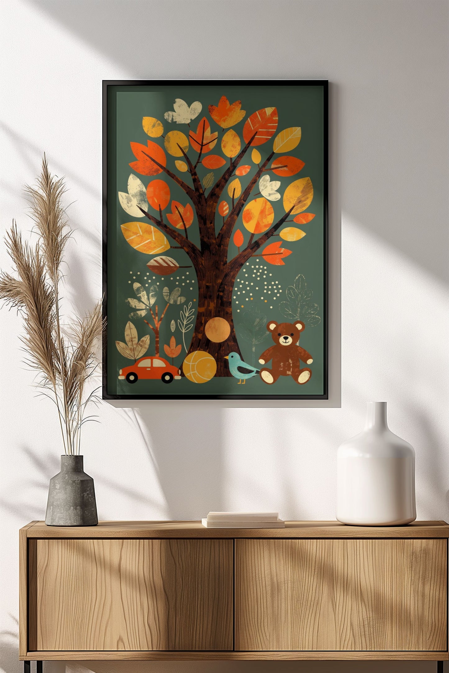 Autumn Tree with Teddy Bear - Retro Vintage Children's Poster