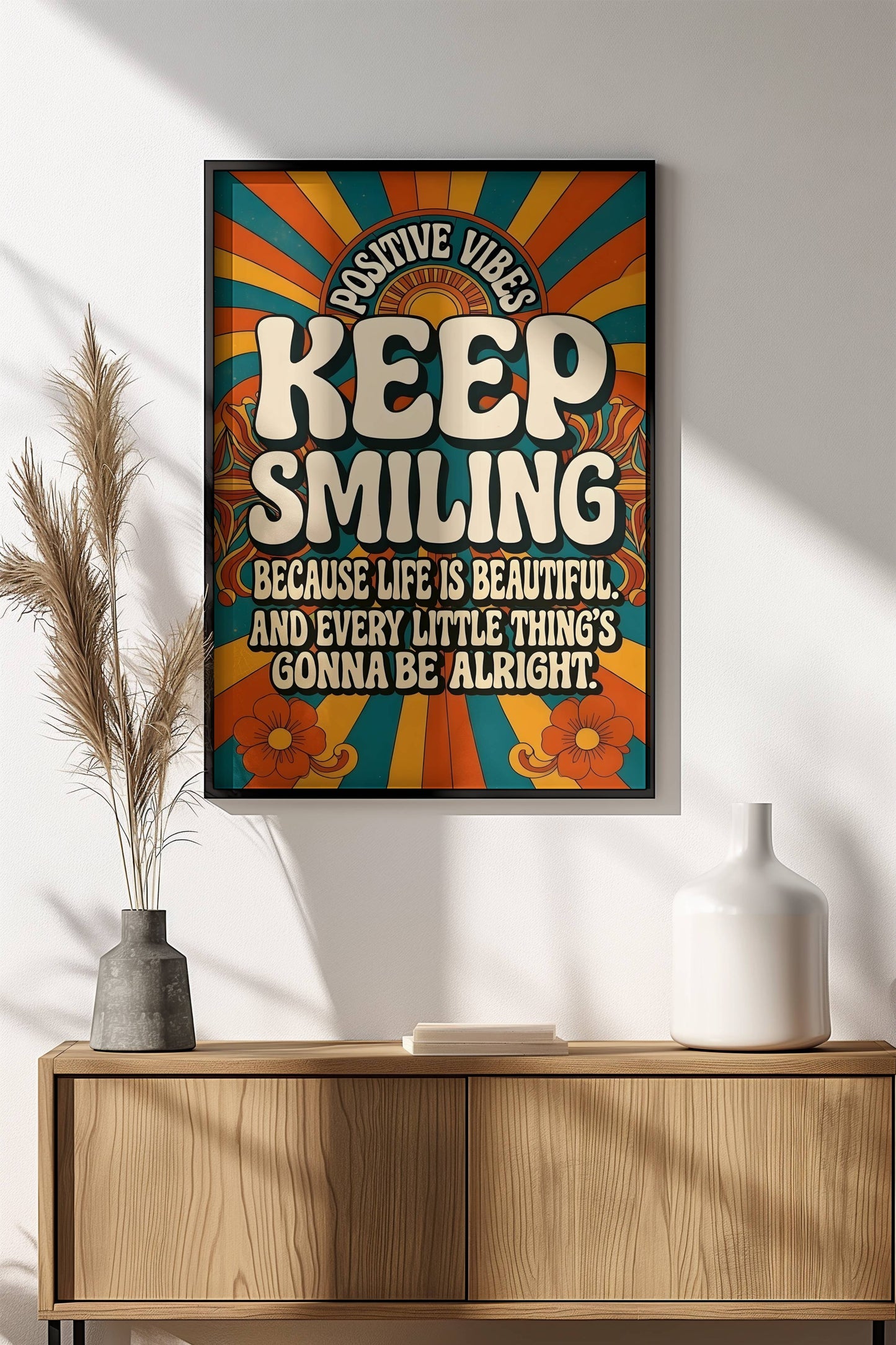 Keep Smiling Positive Vibes Poster – Retro Groovy Sunshine Art
