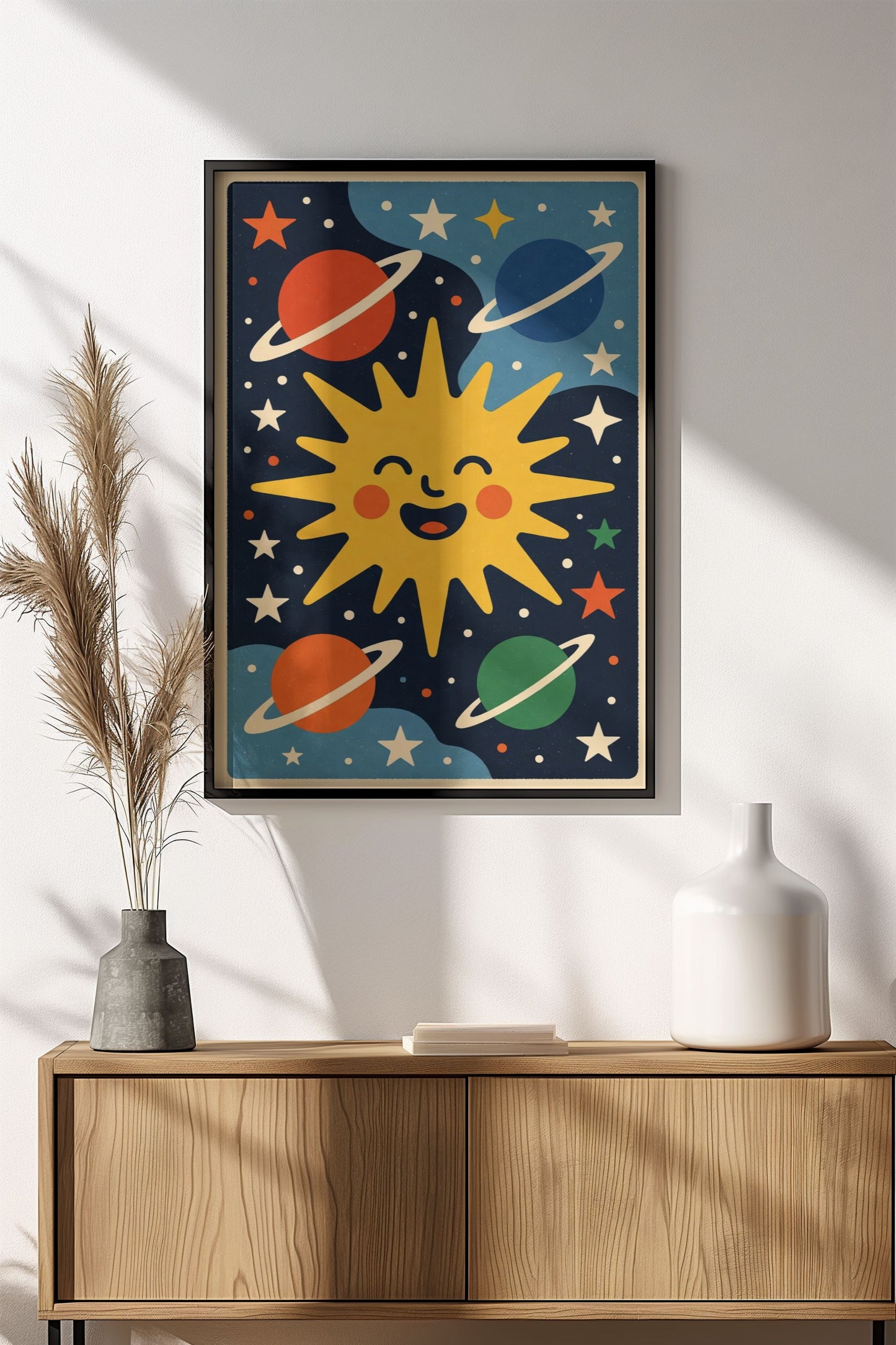 Happy Sun & Planets Poster – Retro Cosmic Joy Art