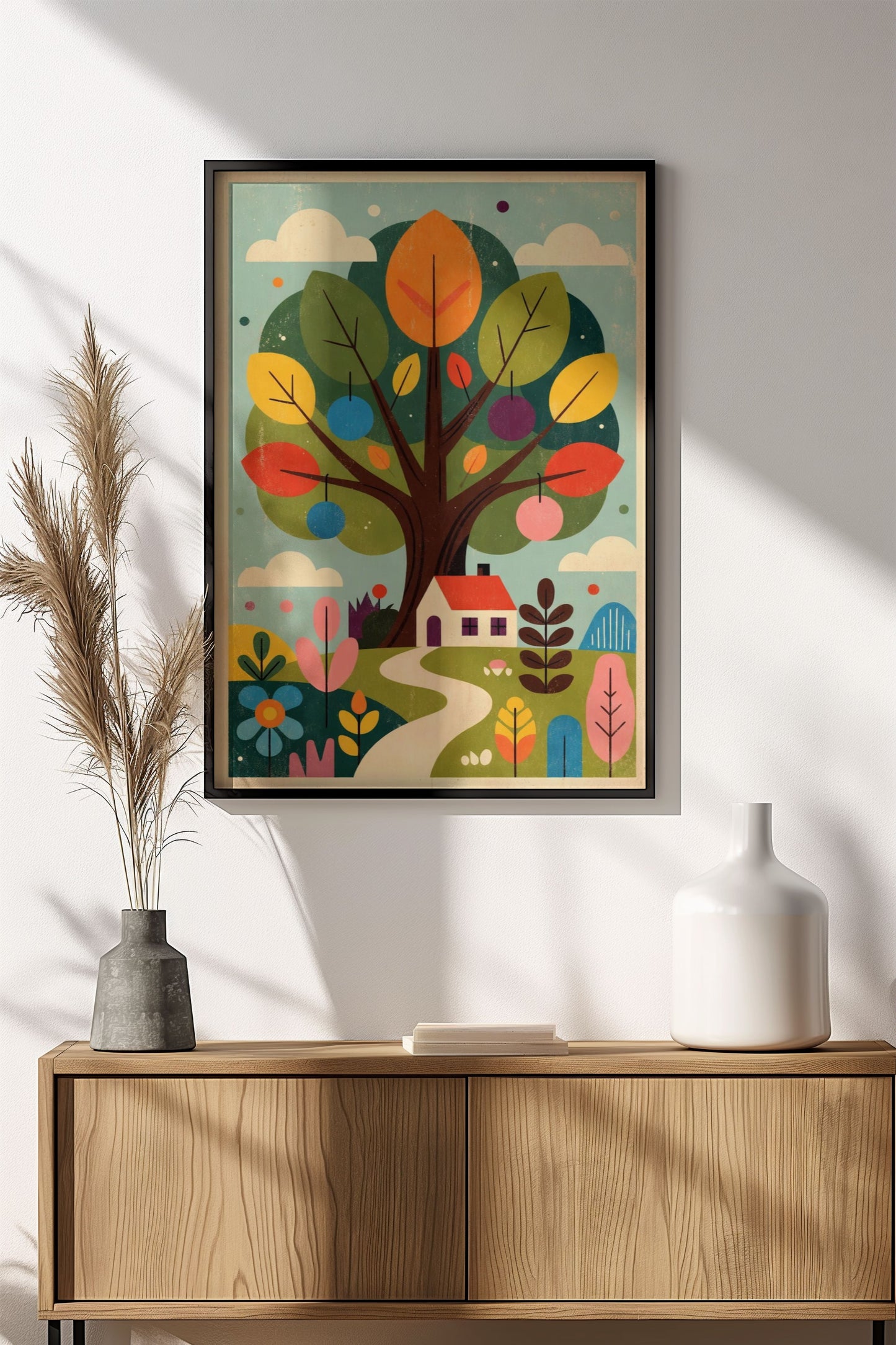 Whimsical Tree House Poster - Retro Colorful Nature Art