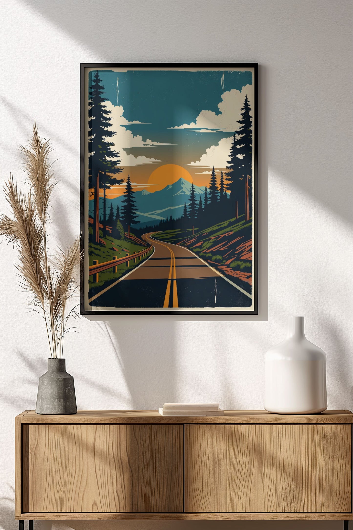 Mountain Road Sunset - Retro Vintage Travel Poster