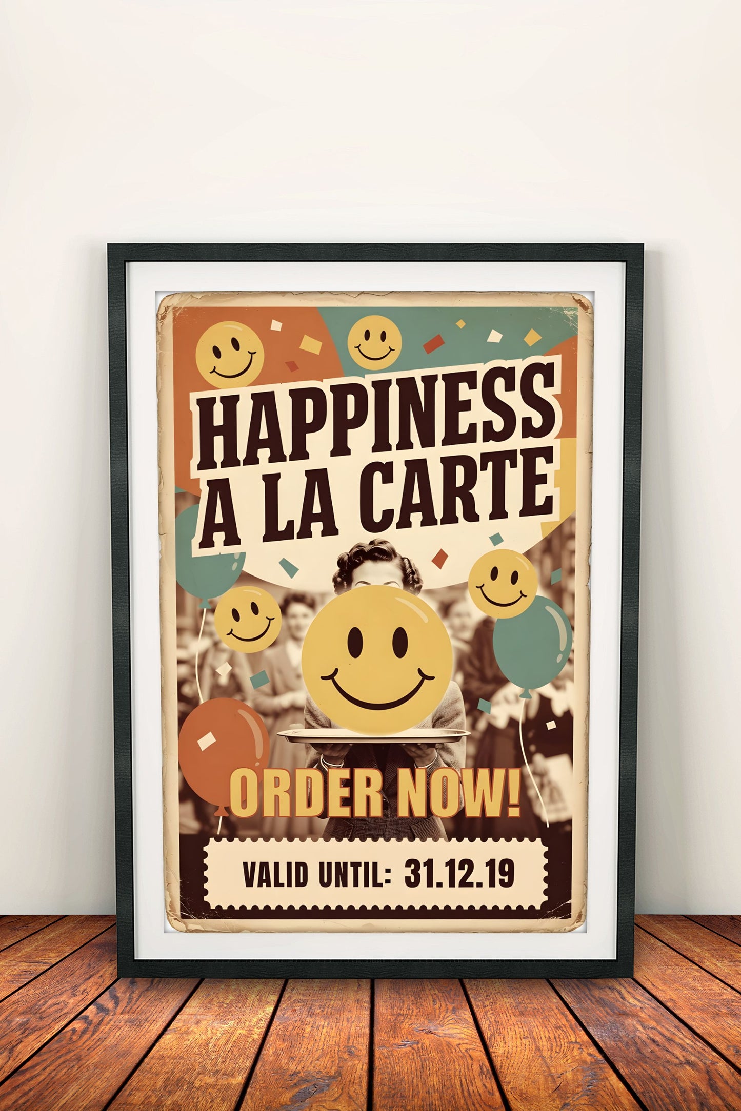 Happiness À La Carte Poster – Retro Smiley Vintage Sign