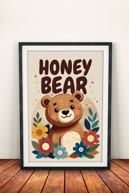Honey Bear Cute Flowers - Retro Vintage Kids Poster
