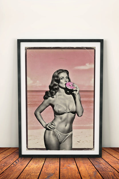 Vintage Donut Girl Poster – Retro Beach Glam Art
