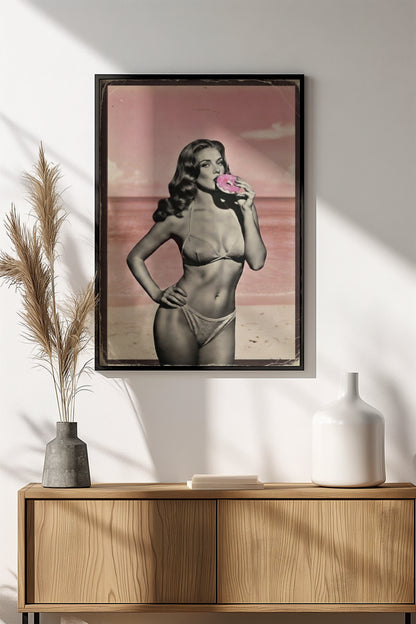 Vintage Donut Girl Poster – Retro Beach Glam Art