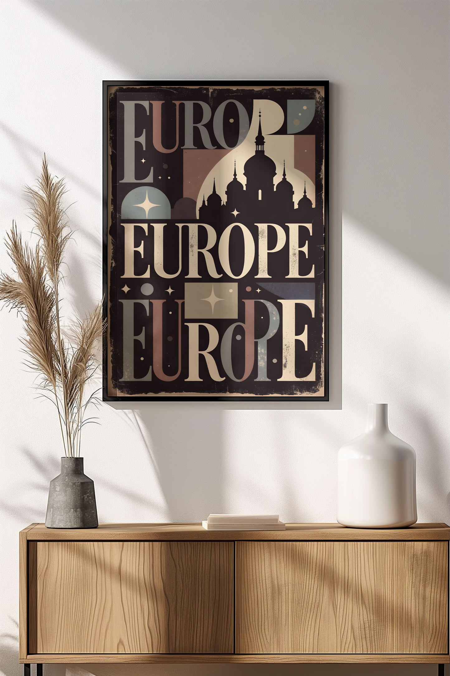 Europe Travel Poster – Retro Typographic Cityscape Art