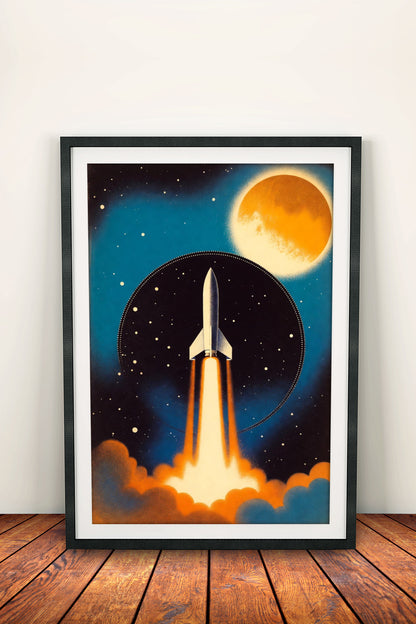 Retro Rocket to the Moon - Vintage Space Exploration Poster