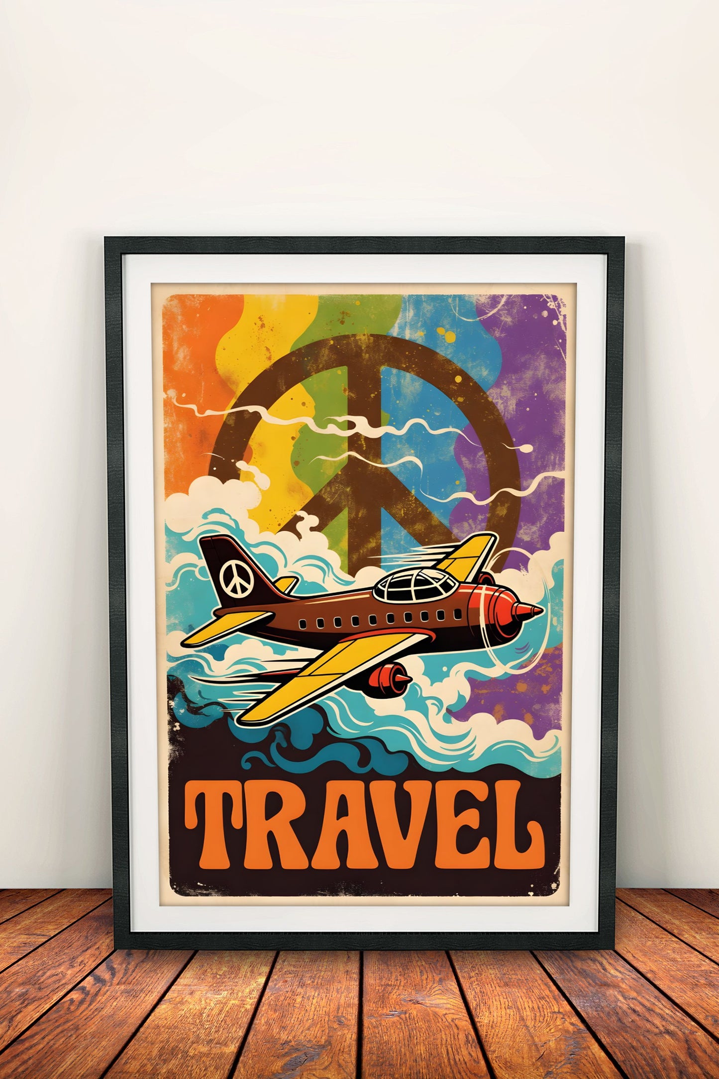 Peace Travel Poster – Retro Hippie Airplane Art