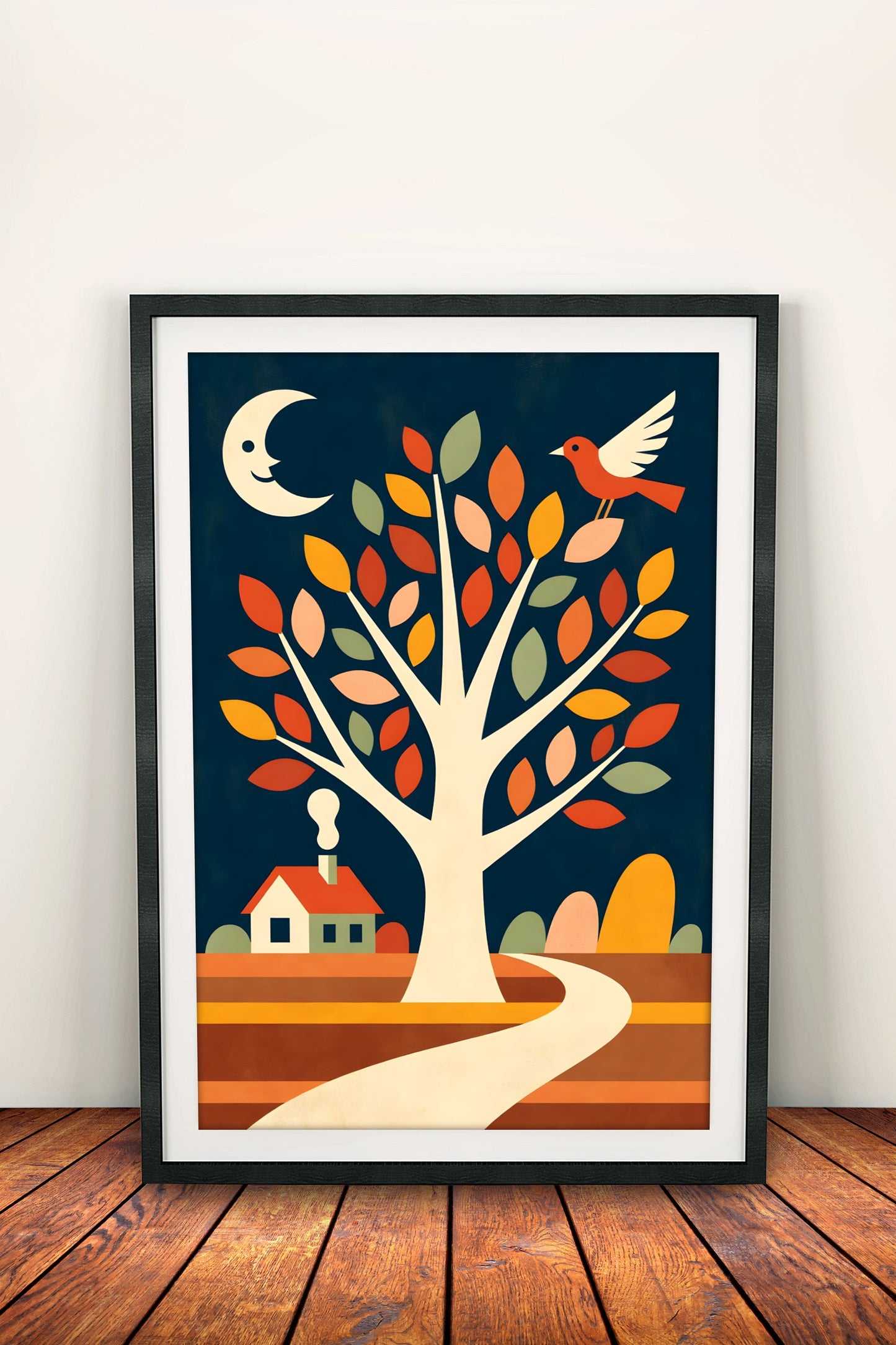 Autumn Tree Moon Poster – Cozy Night Retro Illustration