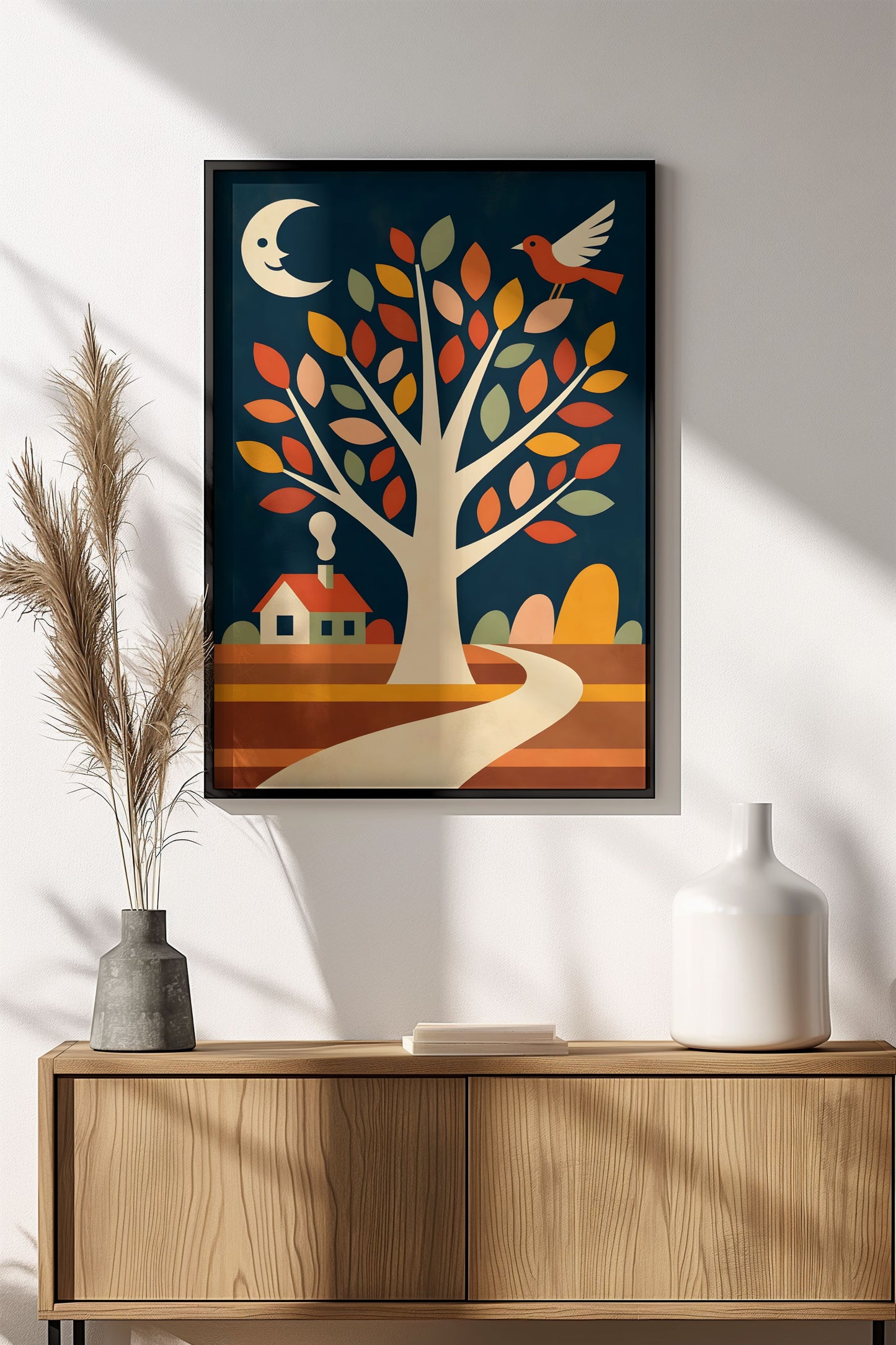 Autumn Tree Moon Poster – Cozy Night Retro Illustration