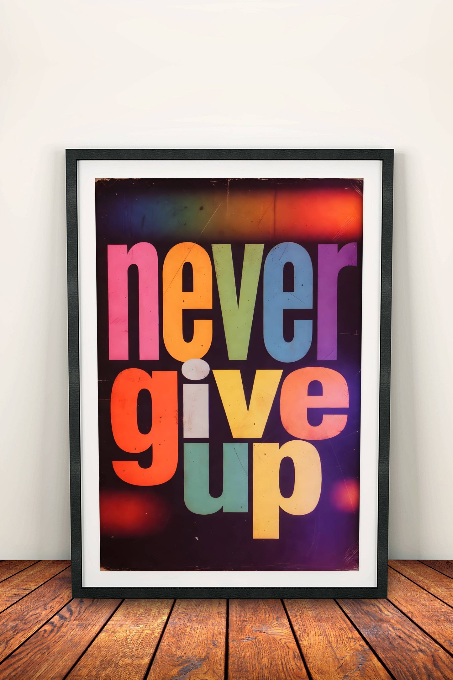 Never Give Up Poster – Retro Motivational Rainbow Art