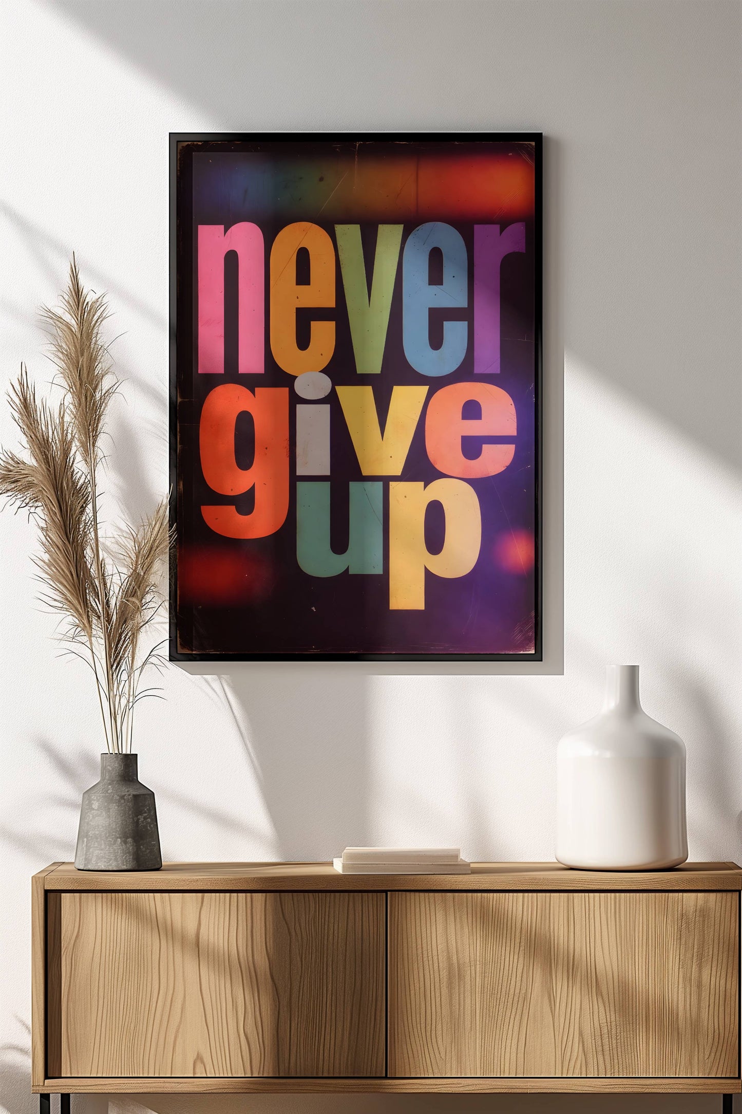 Never Give Up Poster – Retro Motivational Rainbow Art