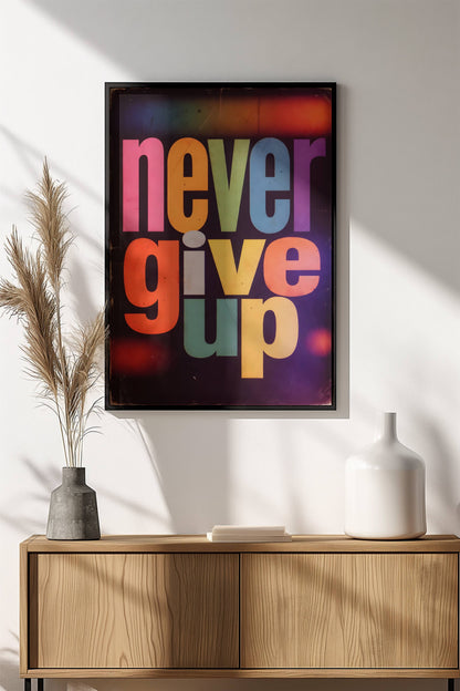 Never Give Up Poster – Retro Motivational Rainbow Art