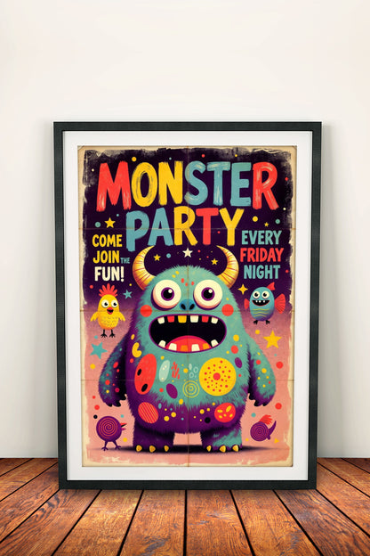 Monster Party Every Friday Night - Retro Vintage Kids Poster