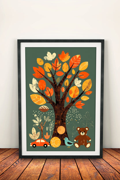 Autumn Tree with Teddy Bear - Retro Vintage Children's Poster