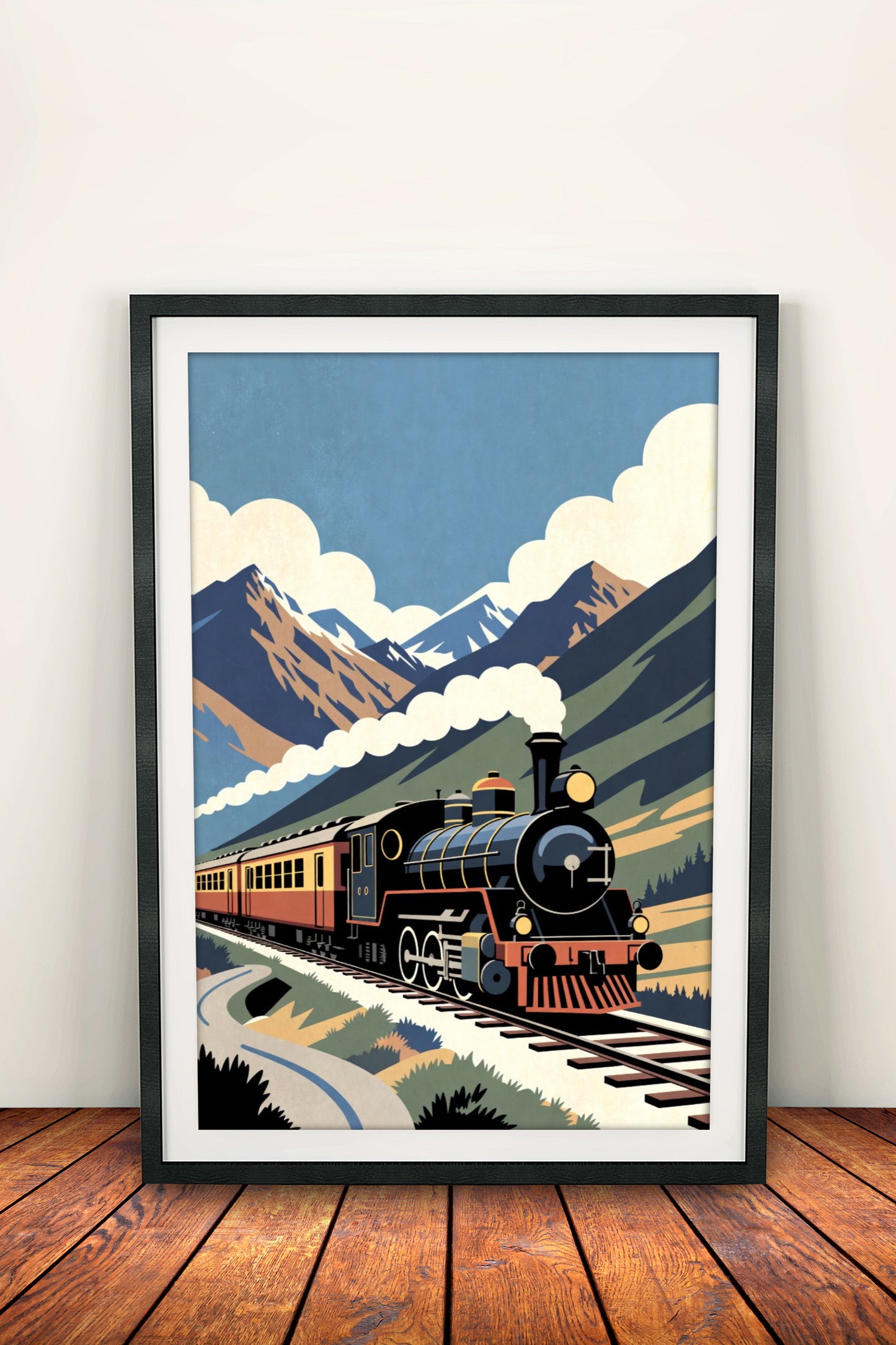 Vintage Steam Train in Mountains - Retro Travel Poster