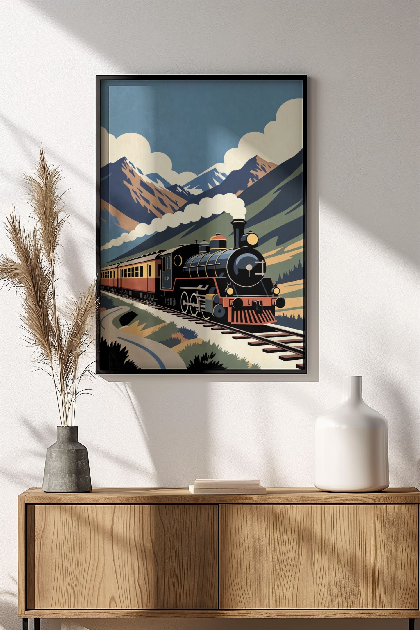 Vintage Steam Train in Mountains - Retro Travel Poster