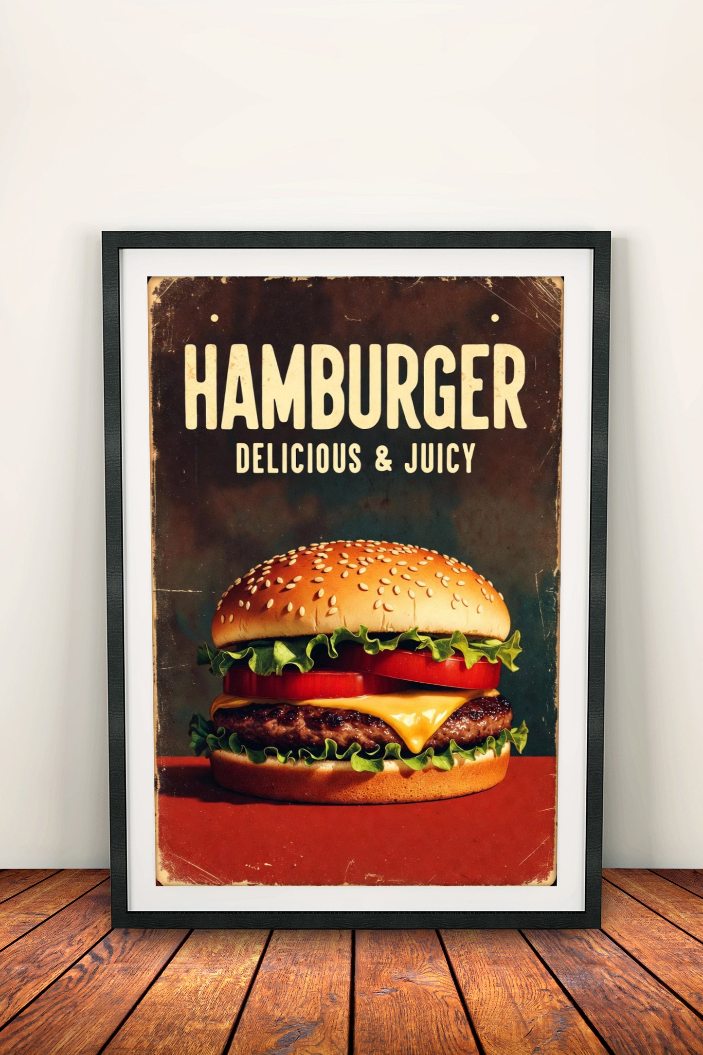 Delicious & Juicy Hamburger - Retro Vintage Kitchen Poster