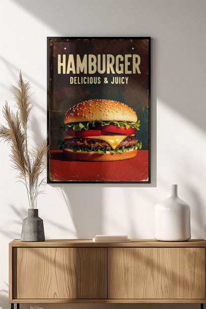 Delicious & Juicy Hamburger - Retro Vintage Kitchen Poster