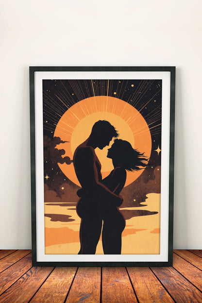 Eternal Sunset Embrace Poster – Retro Romantic Silhouette Art