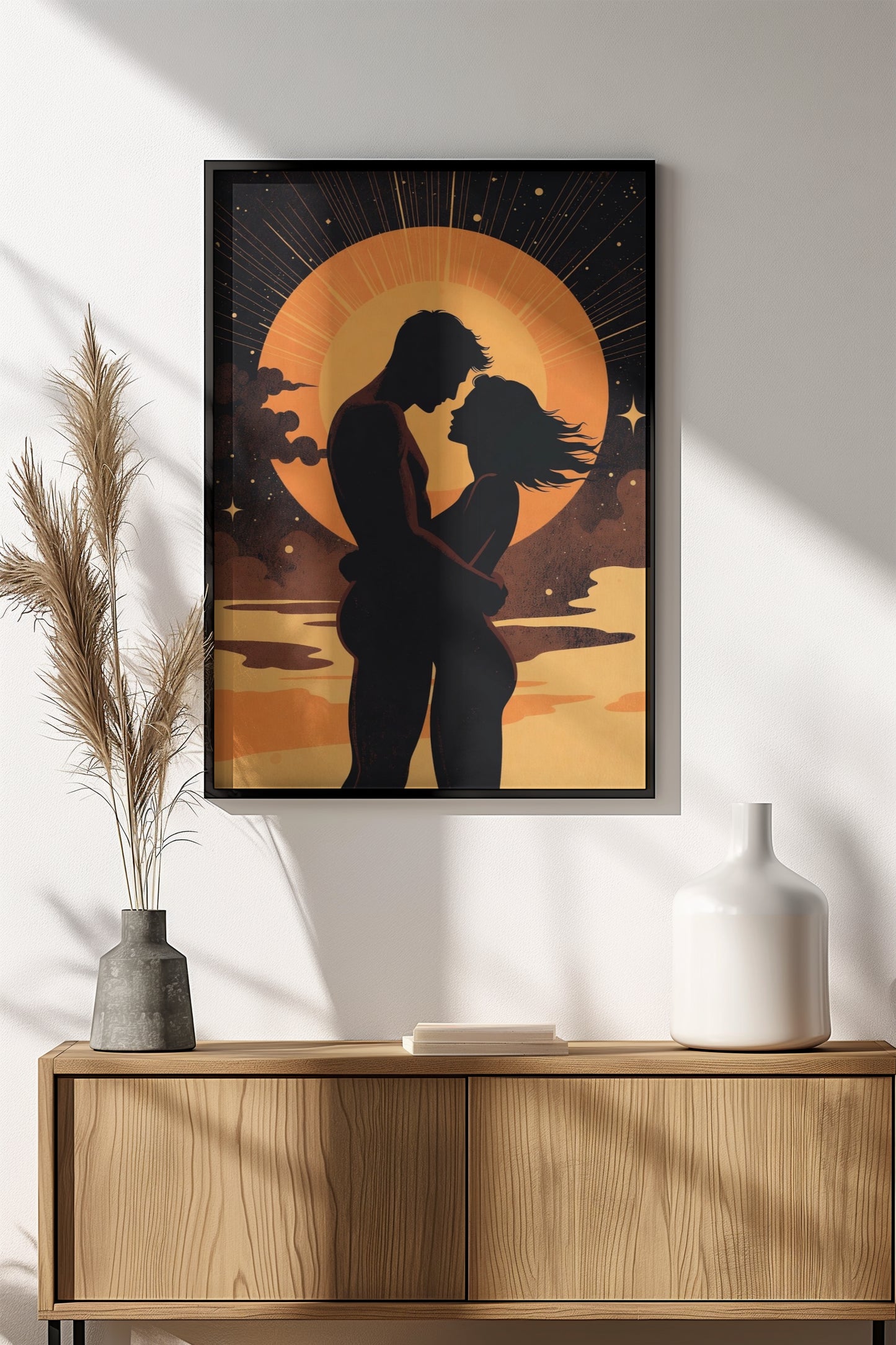 Eternal Sunset Embrace Poster – Retro Romantic Silhouette Art