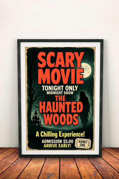 Scary Movie Midnight Show Poster – Retro Haunted Woods Horror Sign