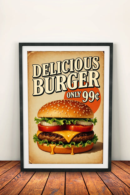 Delicious Burger Only 99¢ - Retro Vintage Diner Poster