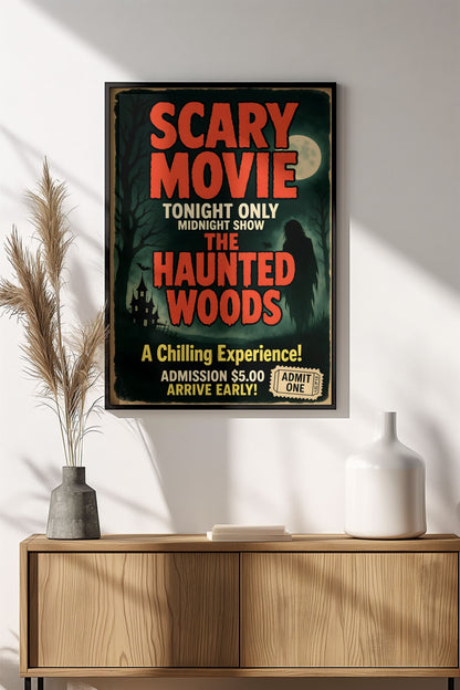 Scary Movie Midnight Show Poster – Retro Haunted Woods Horror Sign
