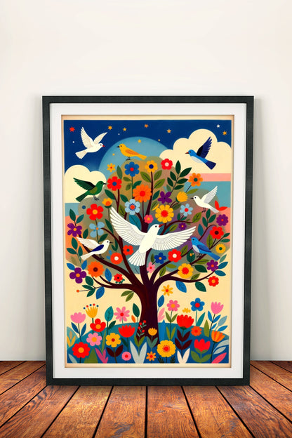 Tree of Peace Poster – Retro Whimsical Bird Art