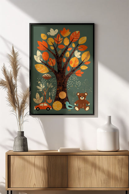 Autumn Tree with Teddy Bear - Retro Vintage Children's Poster