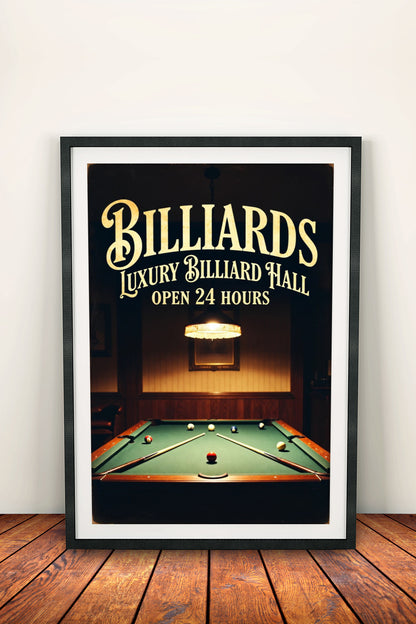 Luxury Billiard Hall Open 24 Hours - Retro Vintage Pool Poster