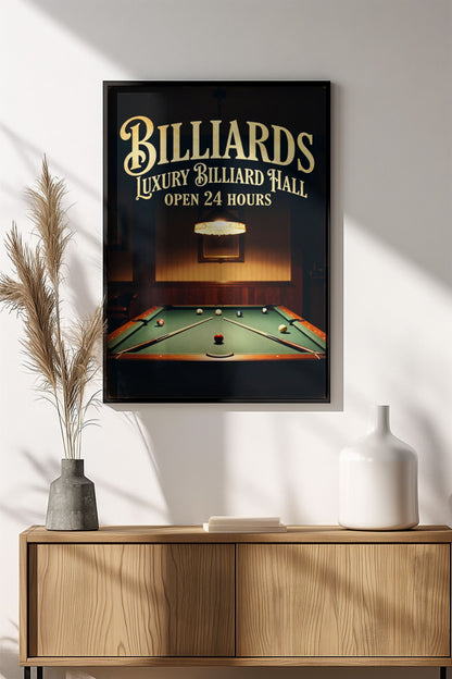 Luxury Billiard Hall Open 24 Hours - Retro Vintage Pool Poster