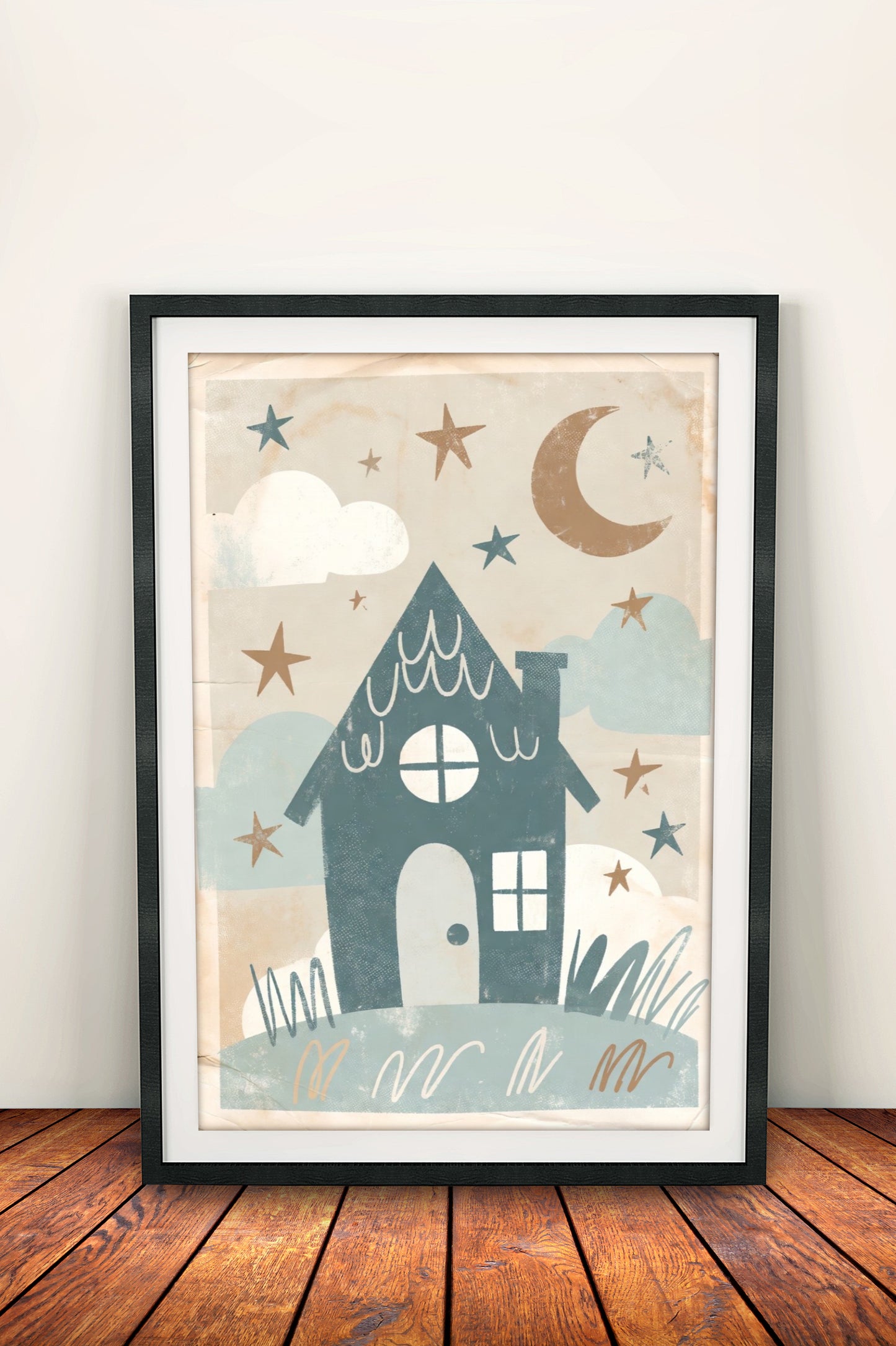 Cozy Little House Under Stars Poster – Retro Whimsical Night Art