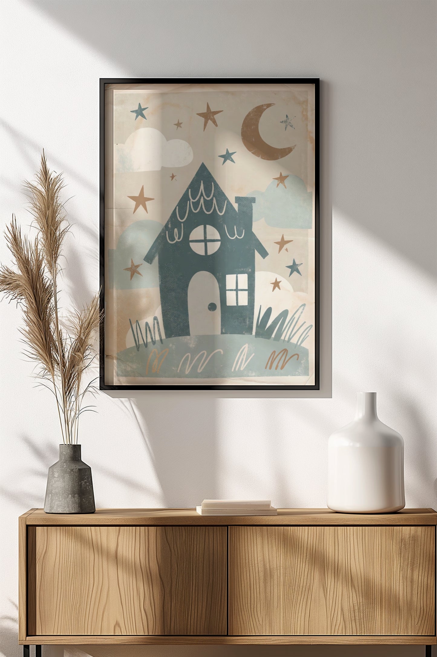 Cozy Little House Under Stars Poster – Retro Whimsical Night Art