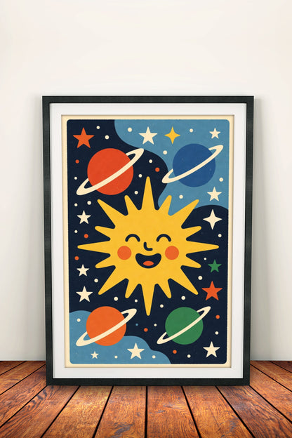 Happy Sun & Planets Poster – Retro Cosmic Joy Art