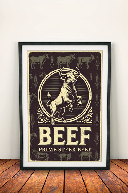 Prime Beef Steer Poster – Retro Butcher Vintage Art