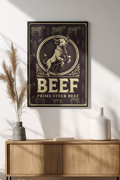 Prime Beef Steer Poster – Retro Butcher Vintage Art