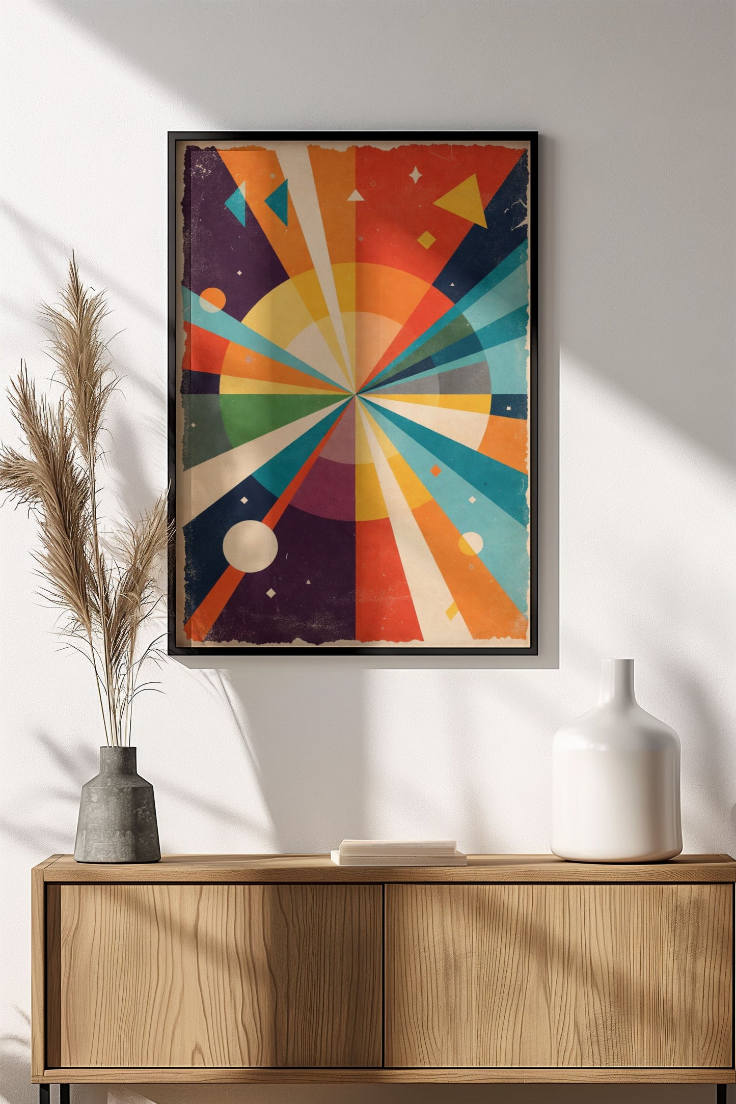 Retro Abstract Sunburst Poster – Vintage Geometric Cosmic Art