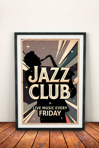 Jazz Club Live Music Poster – Retro Saxophone Night Art