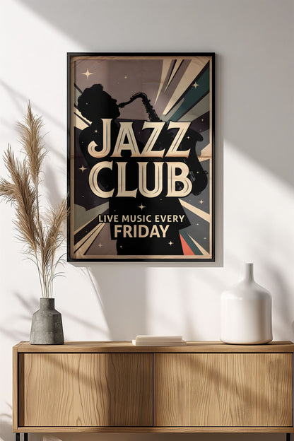 Jazz Club Live Music Poster – Retro Saxophone Night Art
