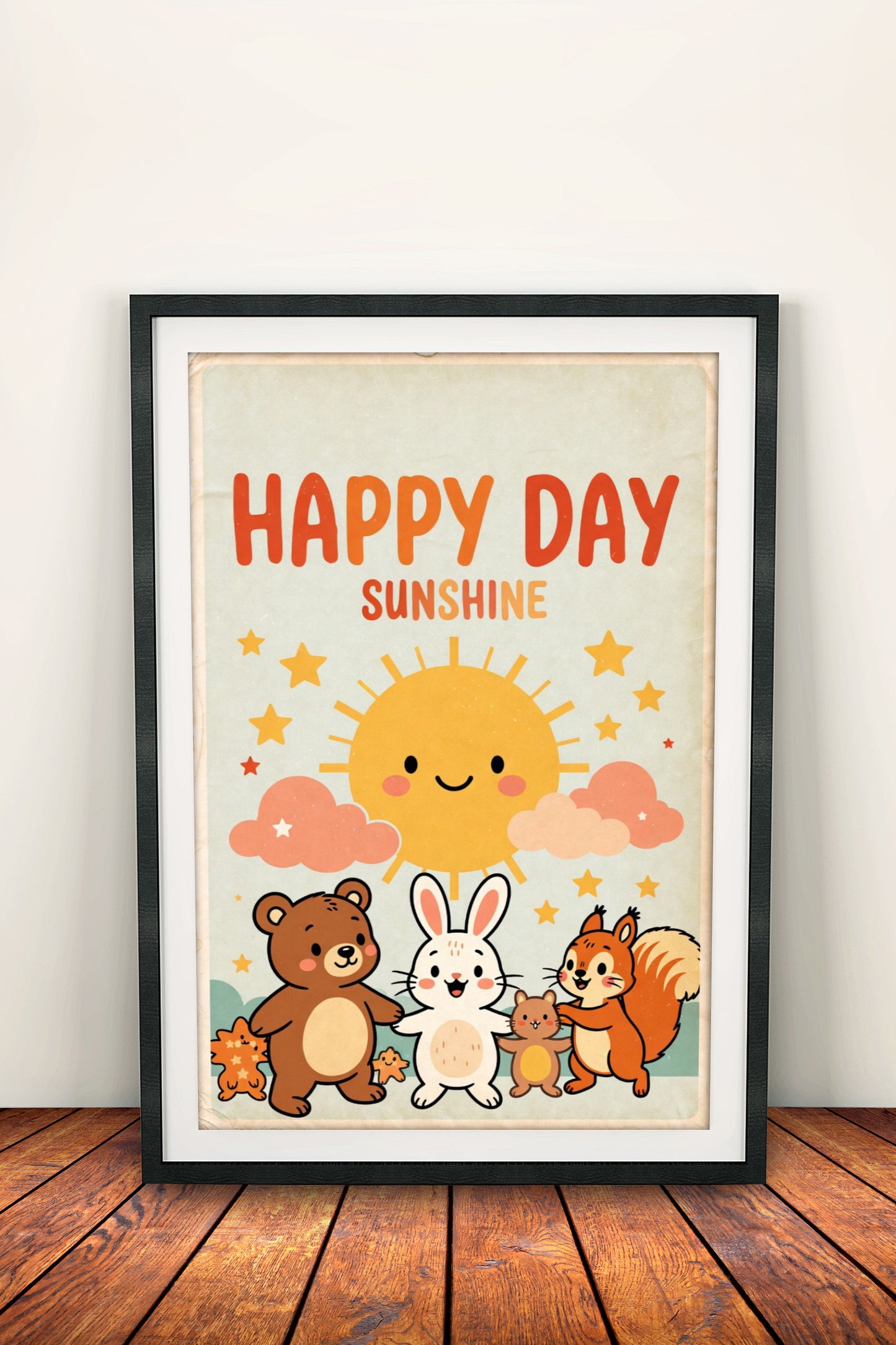 Happy Day Sunshine Poster – Retro Cute Animals Joy Art