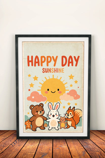 Happy Day Sunshine Poster – Retro Cute Animals Joy Art