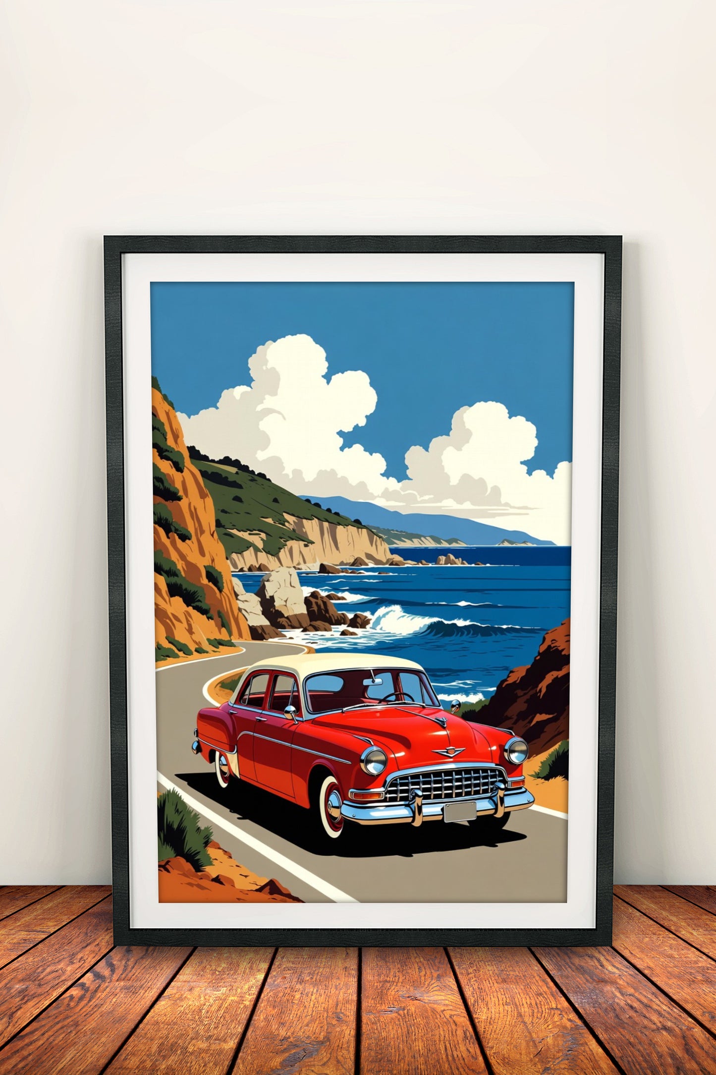 Retro Coastal Drive Poster – Vintage Red Car Ocean View Art