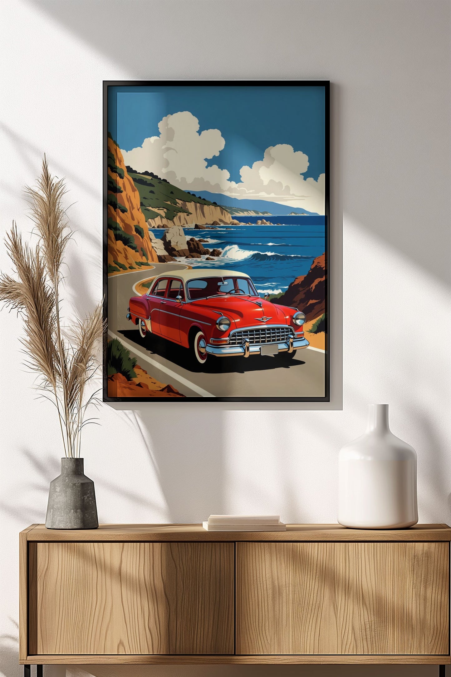 Retro Coastal Drive Poster – Vintage Red Car Ocean View Art