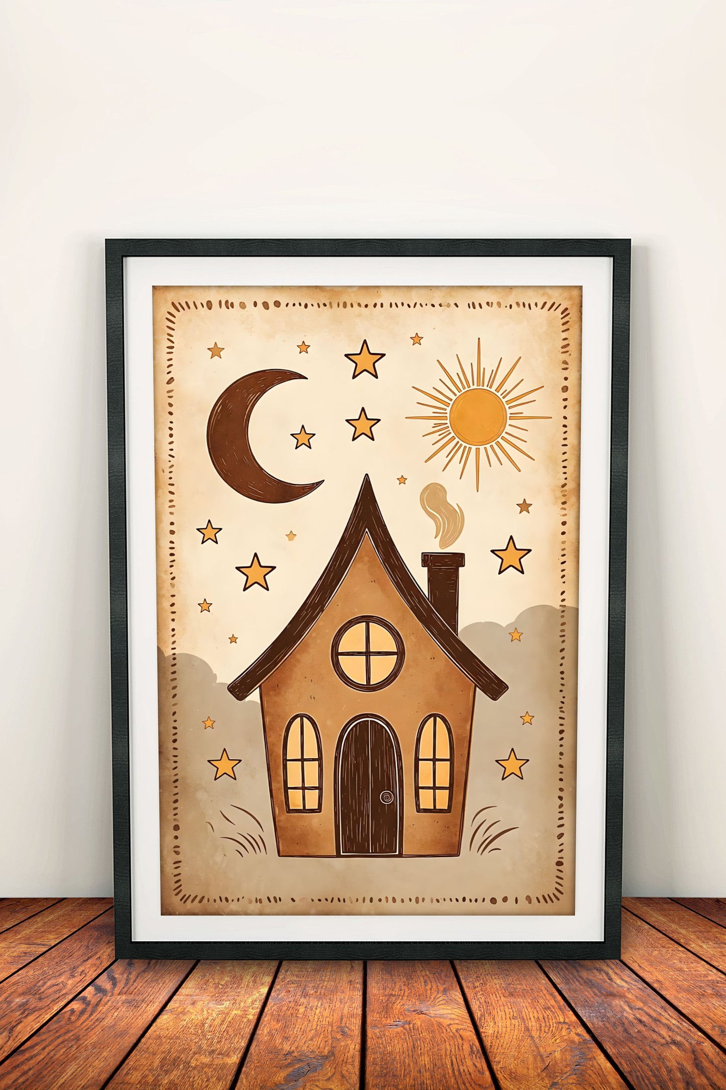 Cozy House Under Moon and Sun - Vintage Retro Poster