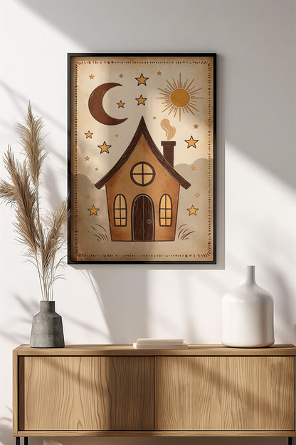 Cozy House Under Moon and Sun - Vintage Retro Poster
